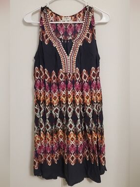 Umgee Navy Midi Dress with Pink and Orange Geometric Print Boho Flowy Summer